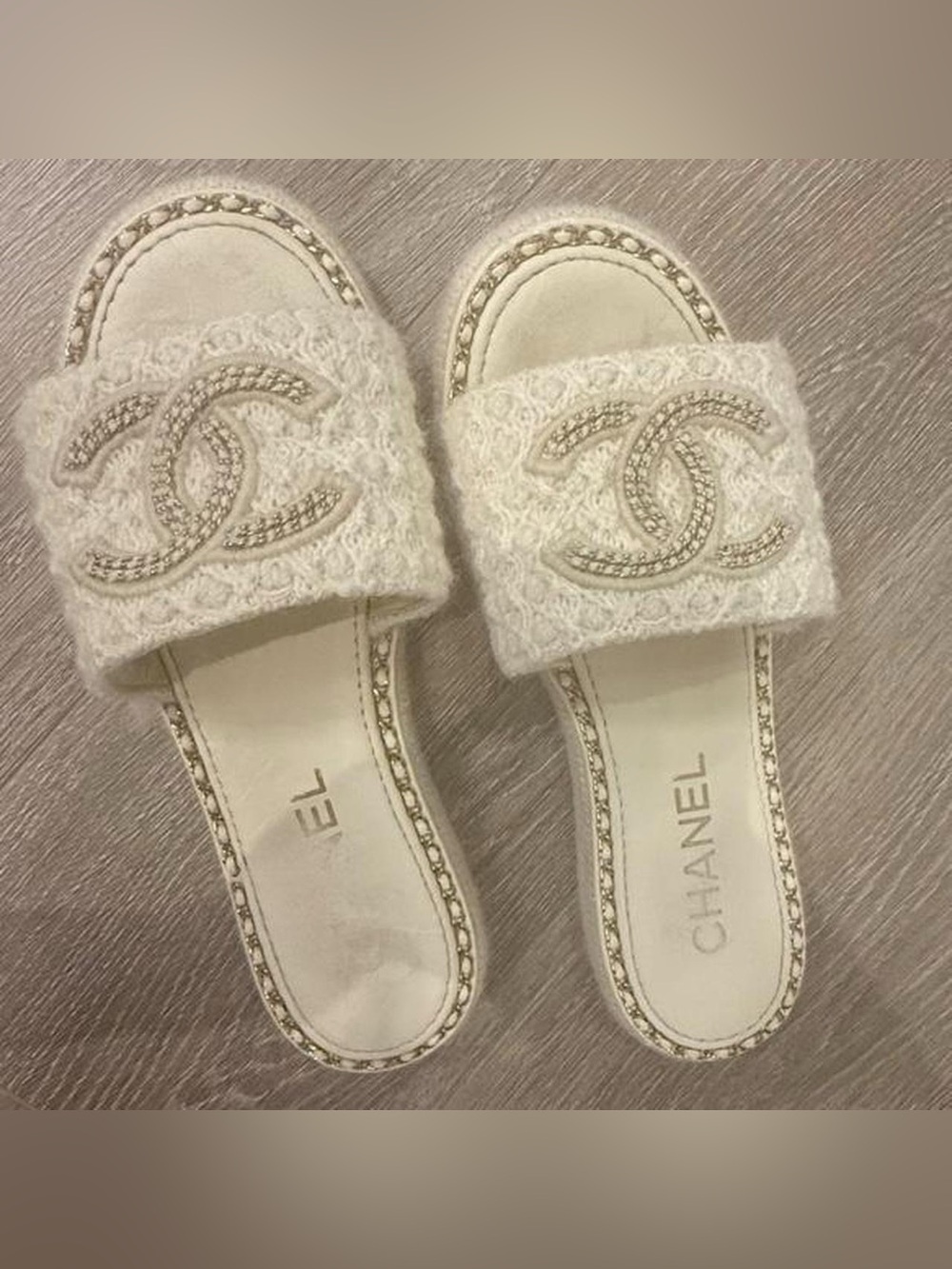 Chanel Wool Alpaca Chain CC Slide Sandals in Ivory